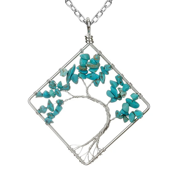 Fashion Square Tree Natural Stone Crystal Metal Beaded Hollow Out Pendant Necklace 1 Piece