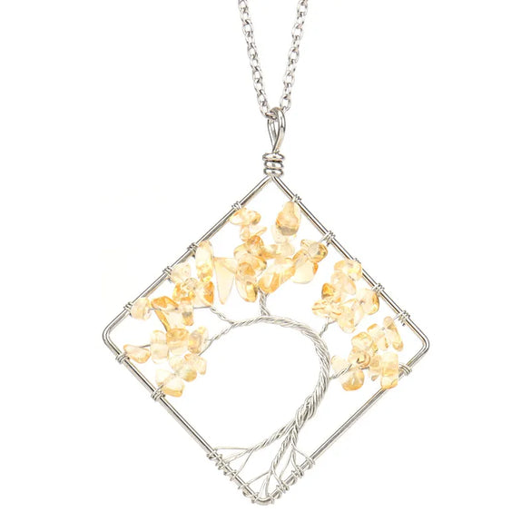 Fashion Square Tree Natural Stone Crystal Metal Beaded Hollow Out Pendant Necklace 1 Piece