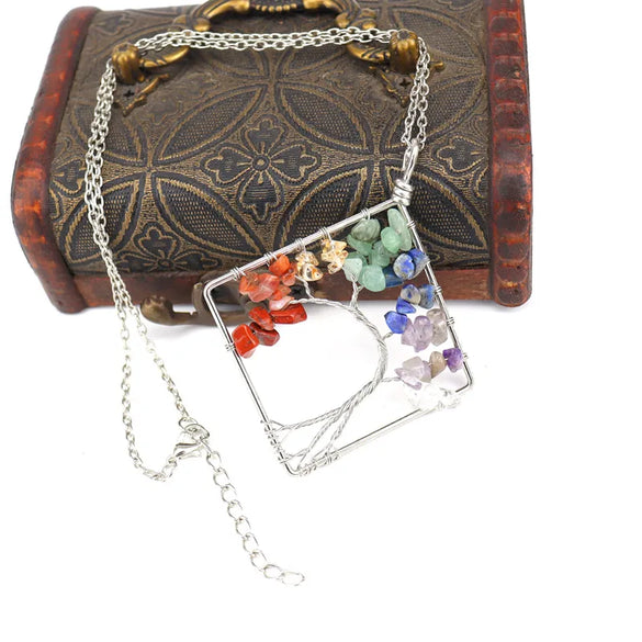 Fashion Square Tree Natural Stone Crystal Metal Beaded Hollow Out Pendant Necklace 1 Piece