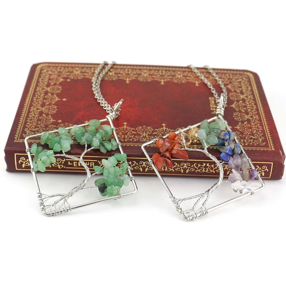 Fashion Square Tree Natural Stone Crystal Metal Beaded Hollow Out Pendant Necklace 1 Piece