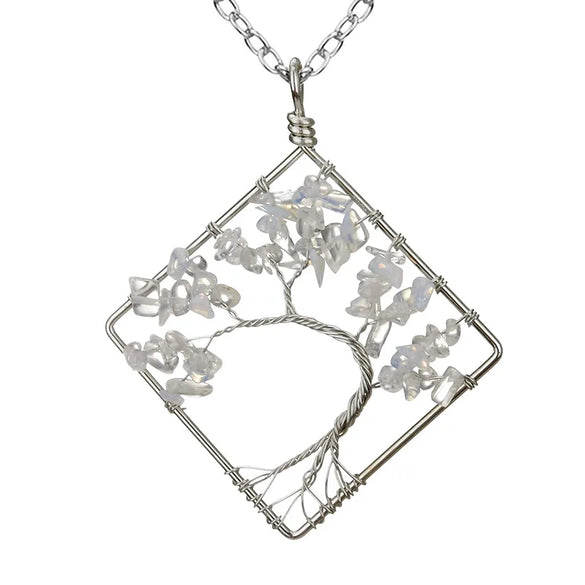 Fashion Square Tree Natural Stone Crystal Metal Beaded Hollow Out Pendant Necklace 1 Piece