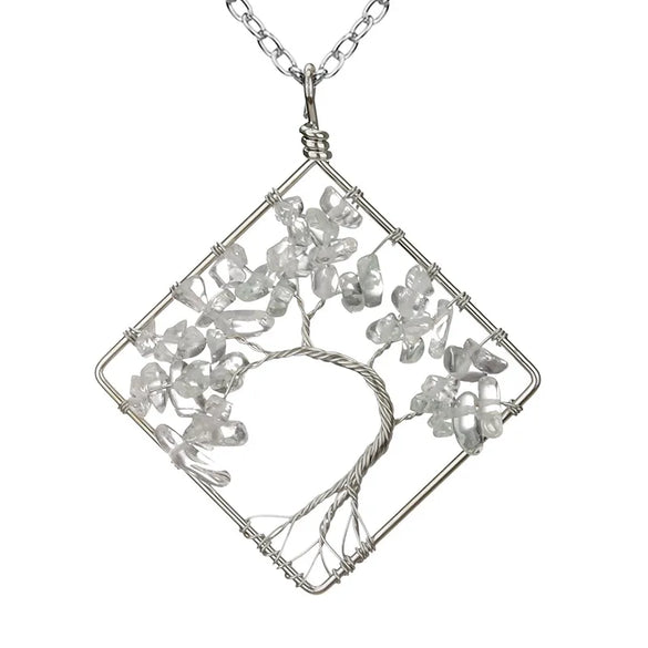 Fashion Square Tree Natural Stone Crystal Metal Beaded Hollow Out Pendant Necklace 1 Piece
