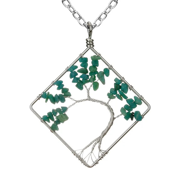 Fashion Square Tree Natural Stone Crystal Metal Beaded Hollow Out Pendant Necklace 1 Piece