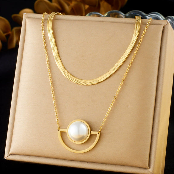 Fashion Stacked Multilayer Chain Stainless Steel Geometric Fan Pendant Goldplated Women's Jewelry Necklace