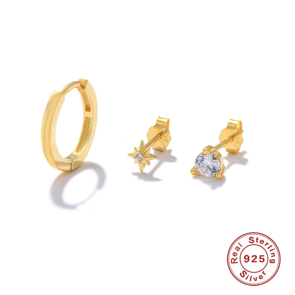 Fashion Stacked Women's Sterling Silver Earrings Three Piece Set With Stars And Devil's Eye Geometric Patterns Electroplated