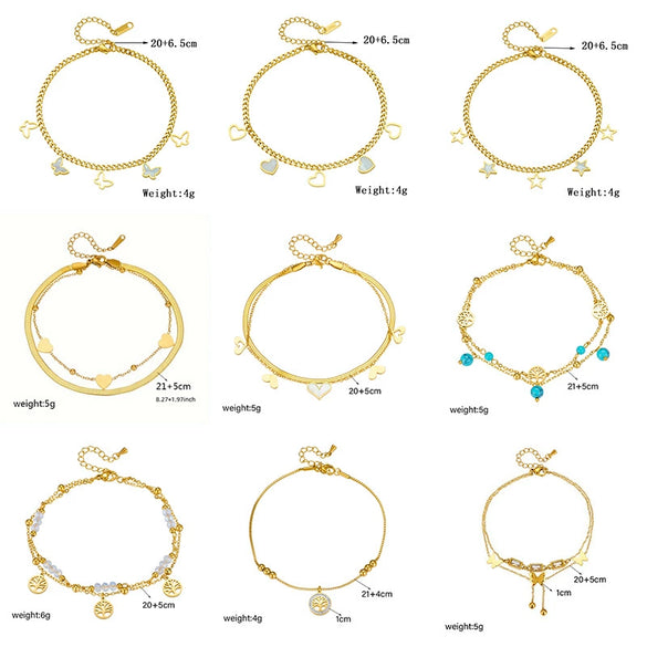 Fashion Stacking Style Stainless Steel Ladies Anklet With Love White Shell Tree Of Life Butterfly And Heart Shape Pendant