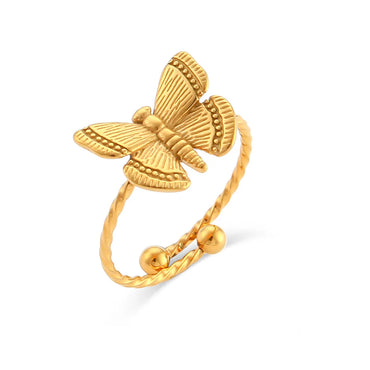 Fashion Stainless Steel 18k Gold Plating Adjustable Butterfly Ring