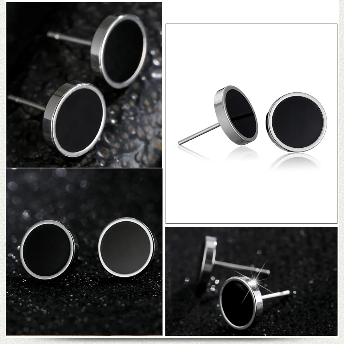 Fashion Stainless Steel Black Dumbbell Round Stud Earrings Single