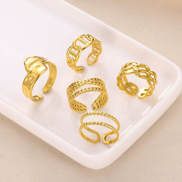 Fashion Stainless Steel Bow Opening Ring Retro Style Real Gold Electroplated