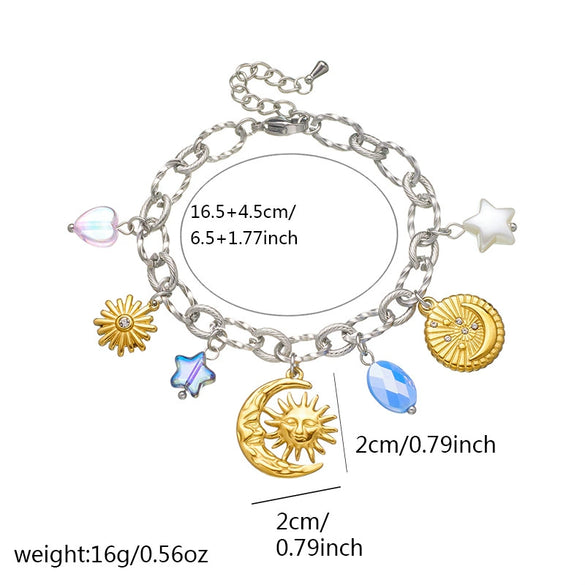 Fashion Stainless Steel Bracelet With Oil Dripping Tulip Moon Star Heart Shape Flower And Geometric Patterns Electroplated