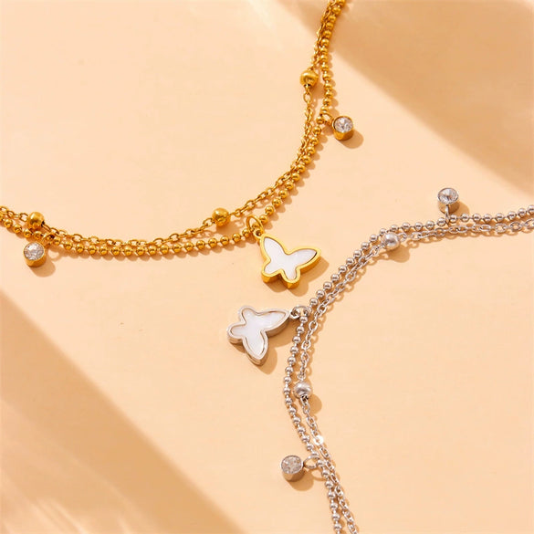 Fashion Stainless Steel Double Layer Stacked Chain Butterfly Pendant Women's Bracelet With Diamond And Electroplating Treatment