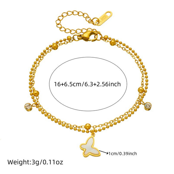 Fashion Stainless Steel Double Layer Stacked Chain Butterfly Pendant Women's Bracelet With Diamond And Electroplating Treatment
