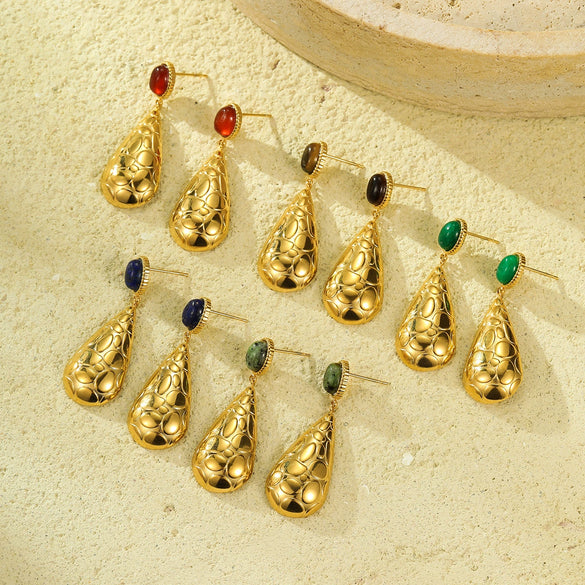 Fashion Stainless Steel Drop Shape Pendant Inlaid With Natural Stone Electroplated Women's Earrings