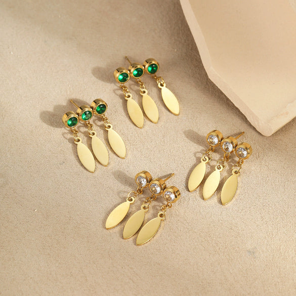 Fashion Stainless Steel Earrings With Geometric Pattern Inlaid With Zircon Tassel Pendant Electroplated For Women