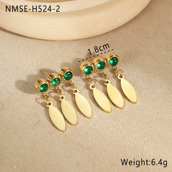 Fashion Stainless Steel Earrings With Geometric Pattern Inlaid With Zircon Tassel Pendant Electroplated For Women