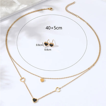 Fashion Stainless Steel Electroplating 18k Gold Heart-shaped Double-layer Necklace Earrings Set