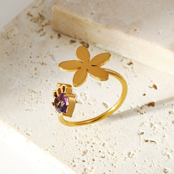 Fashion Stainless Steel Flower Geometric Opening Adjustable Ring With Electroplating For Women