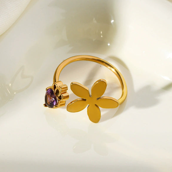 Fashion Stainless Steel Flower Geometric Opening Adjustable Ring With Electroplating For Women