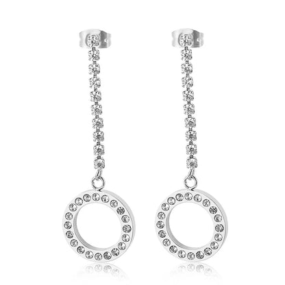 Fashion Stainless Steel Full Diamond Long Women's Creative Hollow Circle Earrings