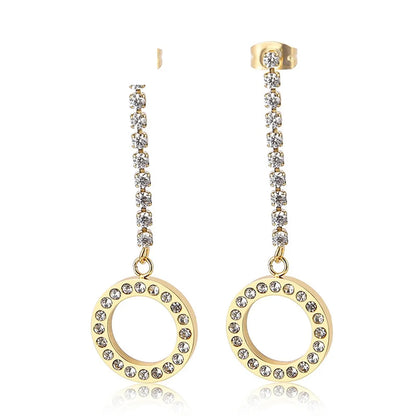 Fashion Stainless Steel Full Diamond Long Women's Creative Hollow Circle Earrings