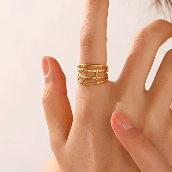 Fashion Stainless Steel Geometric Opening Adjustable Ring With Real Gold Electroplated Treatment
