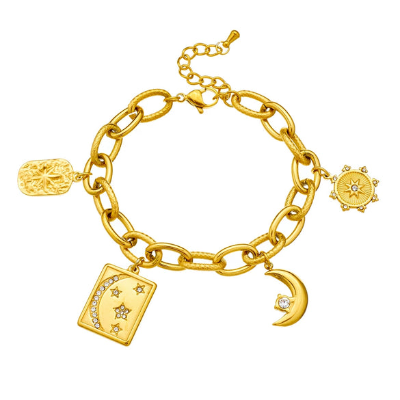 Fashion Stainless Steel Geometric Square Diamond Star Moon Pendant Bracelet Gold Plated