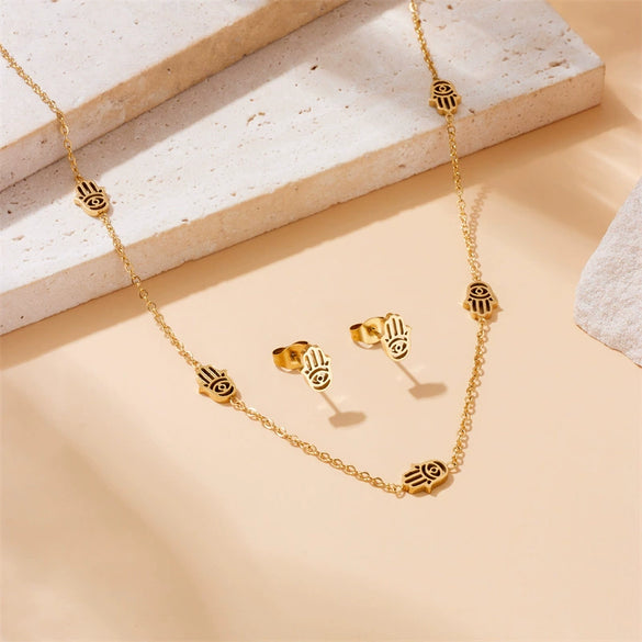 Fashion Stainless Steel Gold Plated Hollow Palm Jewelry Set Necklace Earrings Bracelet