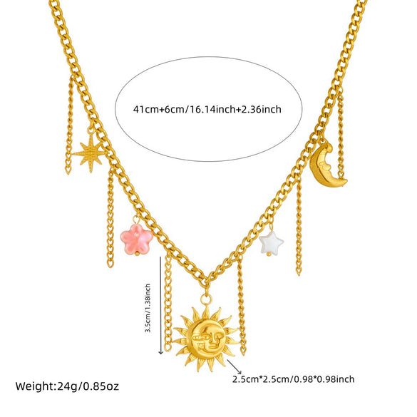 Fashion Stainless Steel Gold Plated Tassel Star Moon Pendant Necklace For Women