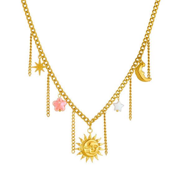 Fashion Stainless Steel Gold Plated Tassel Star Moon Pendant Necklace For Women