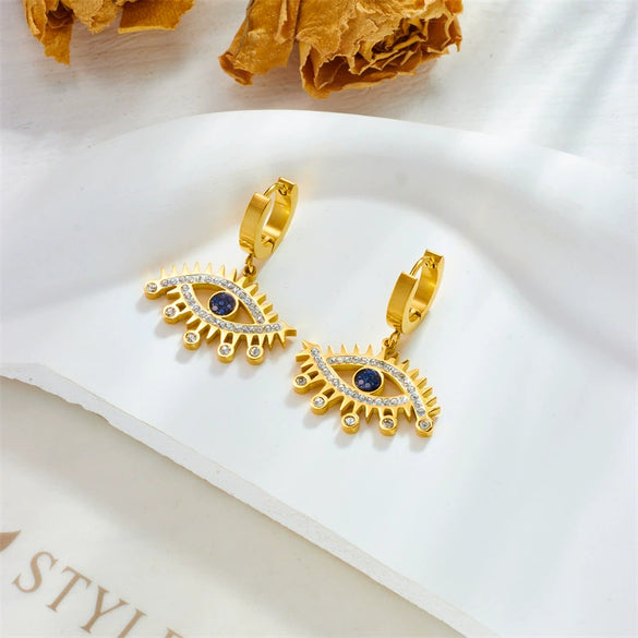 Fashion Stainless Steel Goldplated Hollow Eye Earrings With Inlaid Blue Diamond