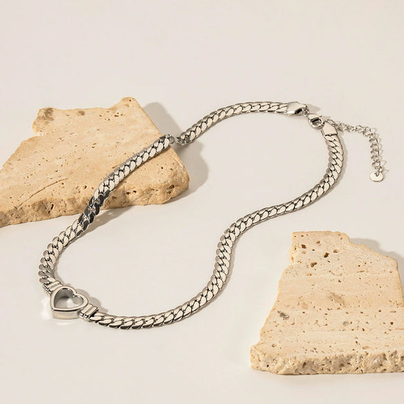 Fashion Stainless Steel Heart Shape Cuban Snake Chain Necklace With Love Pendant 14K Gold Plated