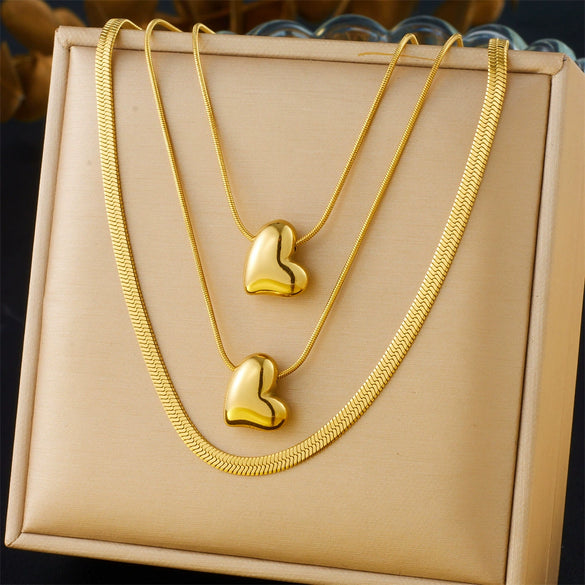 Fashion Stainless Steel Heart Shape Pendant Multi Layer Chain Necklace With Gold Plated Electroplating Process For Women