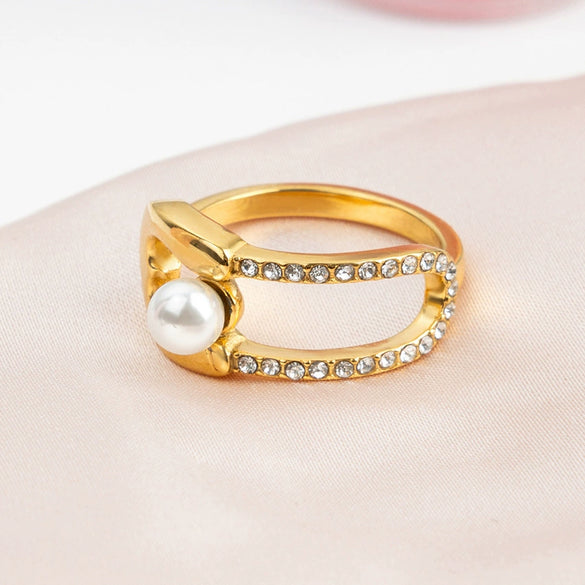 Fashion Stainless Steel Imitation Pearl U Shaped Women's Ring Hand Jewelry