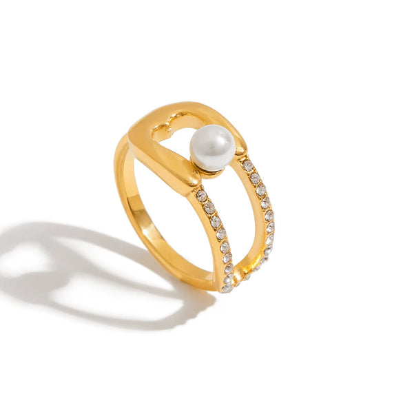 Fashion Stainless Steel Imitation Pearl U Shaped Women's Ring Hand Jewelry