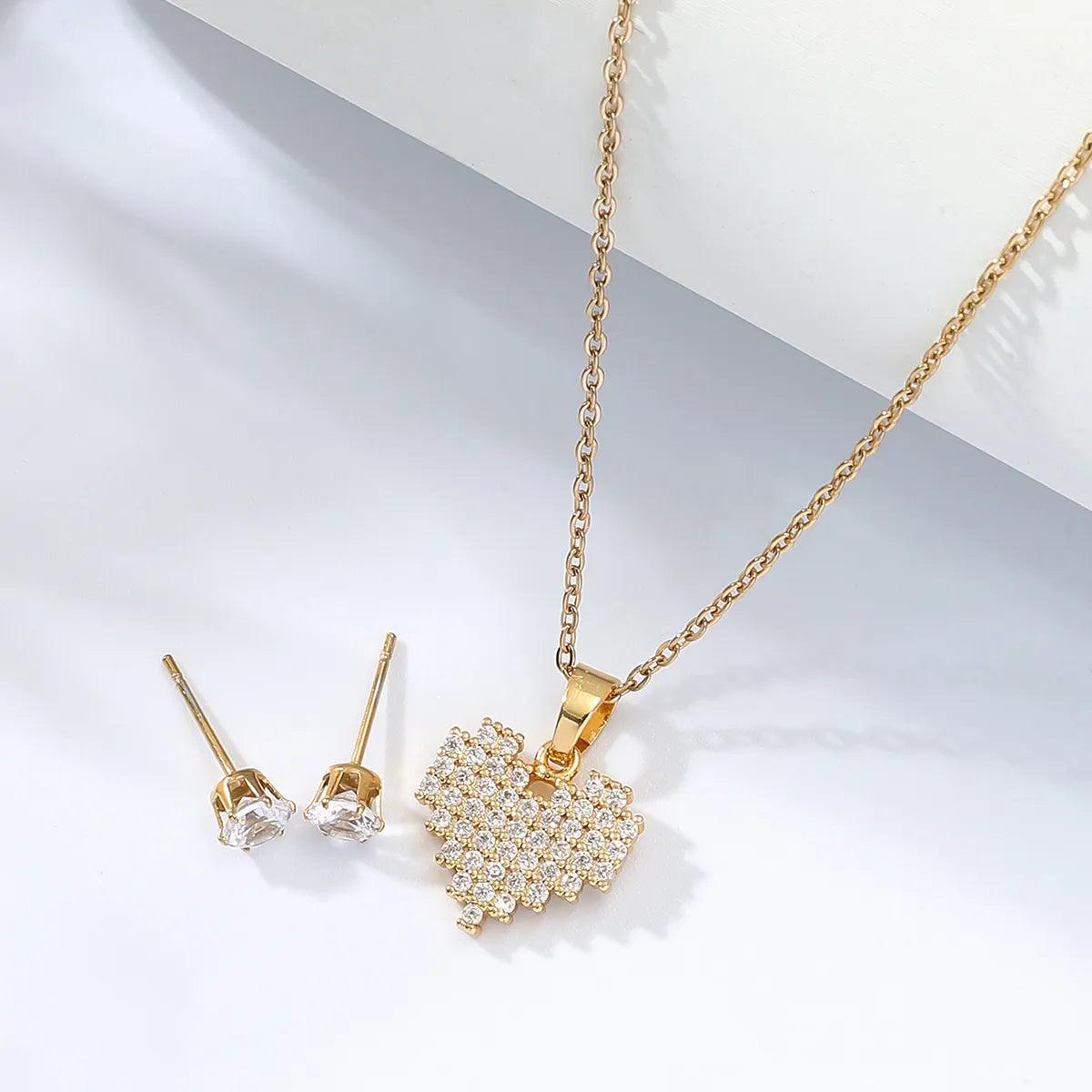 Fashion Stainless Steel Inlaid Zircon Plating 18k Gold Heart Necklace Earrings Set