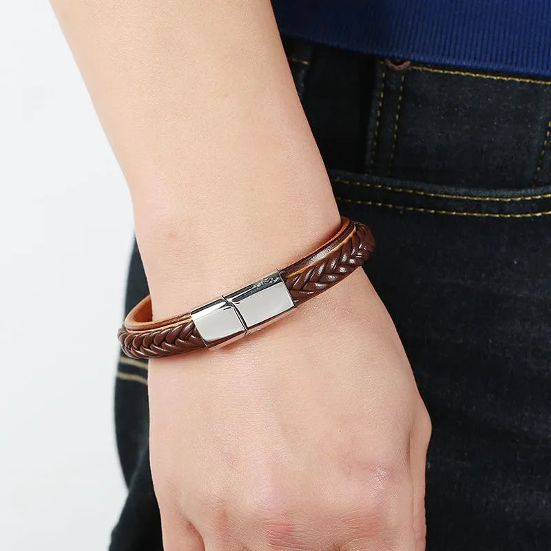 Fashion Stainless Steel Inverted Magnetic Buckle Leather Bracelet Nhpk142786