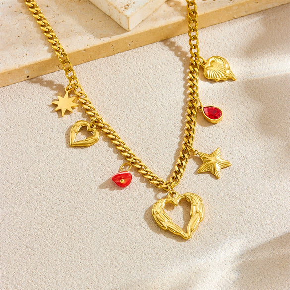 Fashion Stainless Steel Jewelry Necklace With Goldplated Hollow Love And Fivepointed Star Shapes Electroplated Design