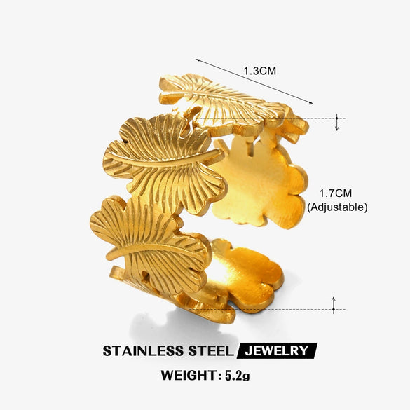 Fashion Stainless Steel Leaf Ring Women's Popular Opening Adjustable Jewelry With Electroplating Treatment And Plant Flower Style