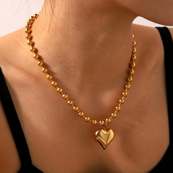 Fashion Stainless Steel Love Women's Necklace With Peach Heart Pendant And Ball Chain Titanium Steel Electroplating