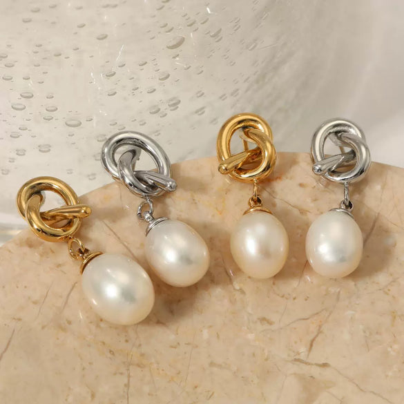 Fashion Stainless Steel Natural Freshwater Pearl Earrings With Geometric Design And Electroplating For Women