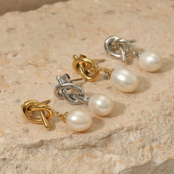 Fashion Stainless Steel Natural Freshwater Pearl Earrings With Geometric Design And Electroplating For Women