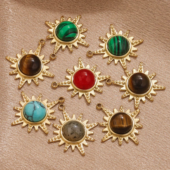 Fashion Stainless Steel Natural Stone Tiger Eye Stone Classic Eight Mans Star Element Titanium Steel Flower Pendant Electroplated 18K Gold Diy Necklace Earrings Accessories