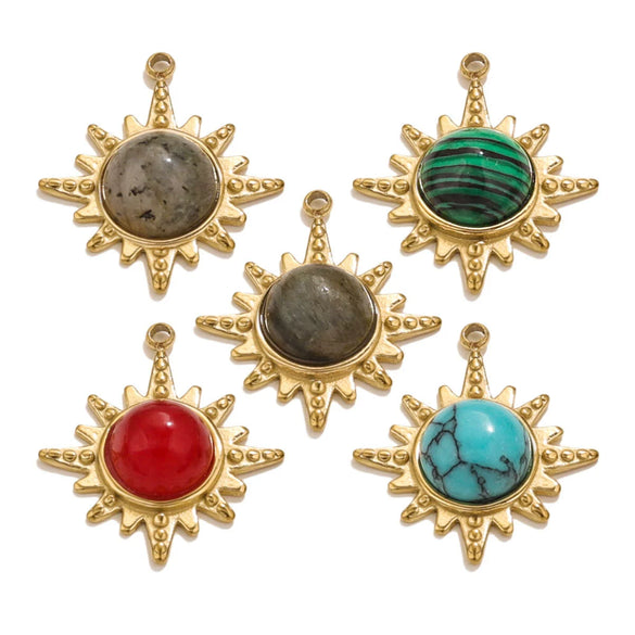 Fashion Stainless Steel Natural Stone Tiger Eye Stone Classic Eight Mans Star Element Titanium Steel Flower Pendant Electroplated 18K Gold Diy Necklace Earrings Accessories