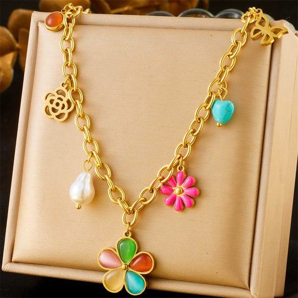 Fashion Stainless Steel Necklace With Colorful Resin Petals Daisy Hollow Butterfly Pearl Love Accessories And O Chain Electroplated Flower Pattern For Women