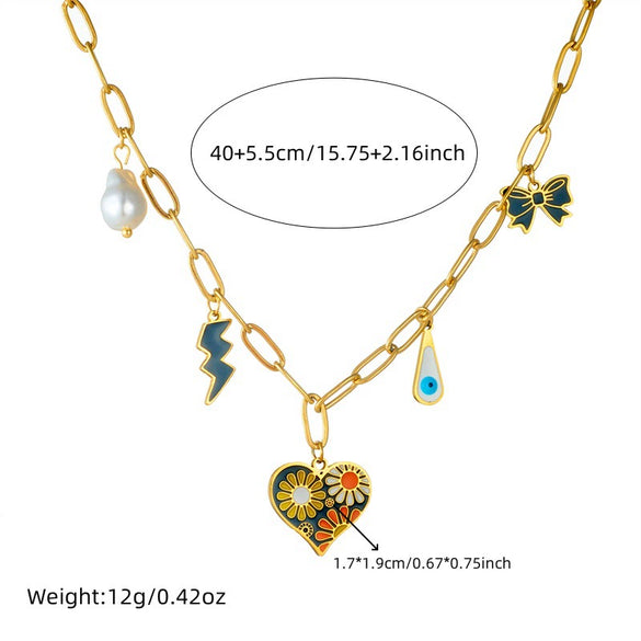 Fashion Stainless Steel Necklace With Heart Shape Painted Oil Dropping Love Daisy Lightning Bow Pendant And O Chain Electroplating Design