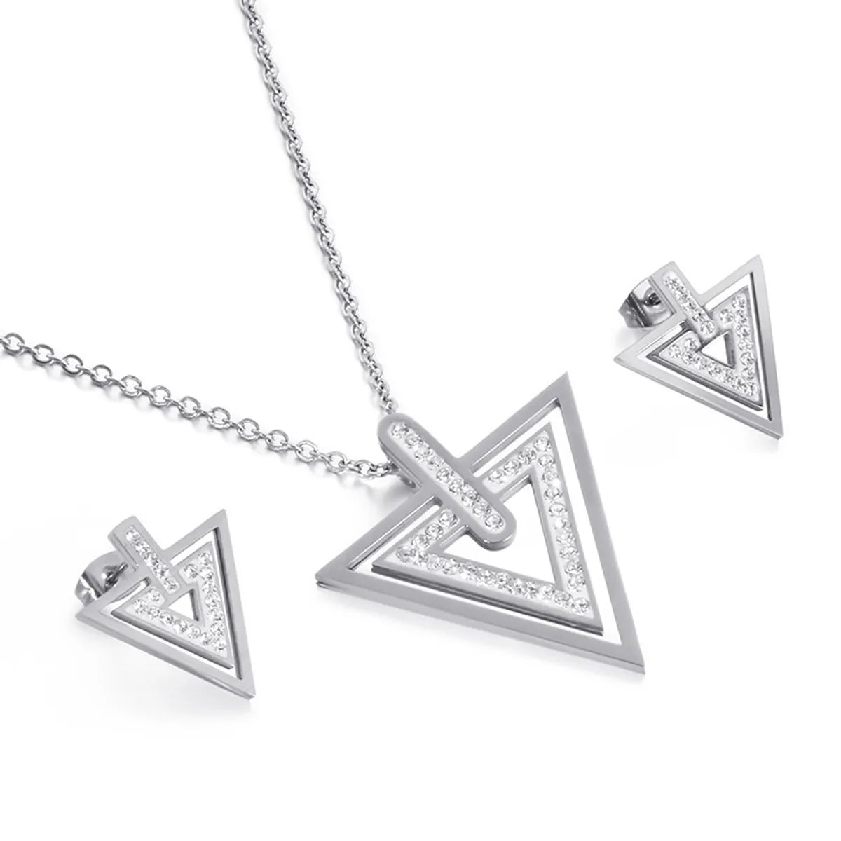 Fashion Stainless Steel New Temperament Simple Geometric Triangle Zircon Pendant Earrings Two-piece Set