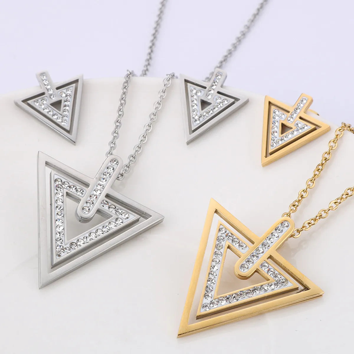 Fashion Stainless Steel New Temperament Simple Geometric Triangle Zircon Pendant Earrings Two-piece Set