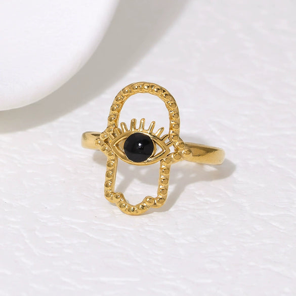 Fashion Stainless Steel Open Ring With Fatima's Hand And Devil's Eye 18K Gold Plated For Women Electroplated