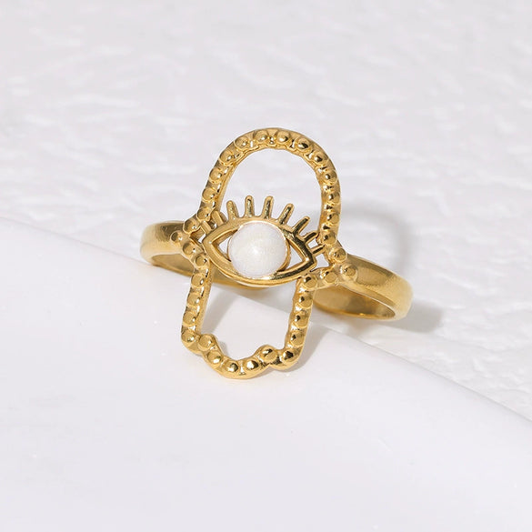 Fashion Stainless Steel Open Ring With Fatima's Hand And Devil's Eye 18K Gold Plated For Women Electroplated