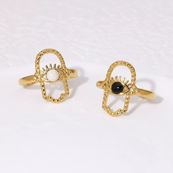 Fashion Stainless Steel Open Ring With Fatima's Hand And Devil's Eye 18K Gold Plated For Women Electroplated